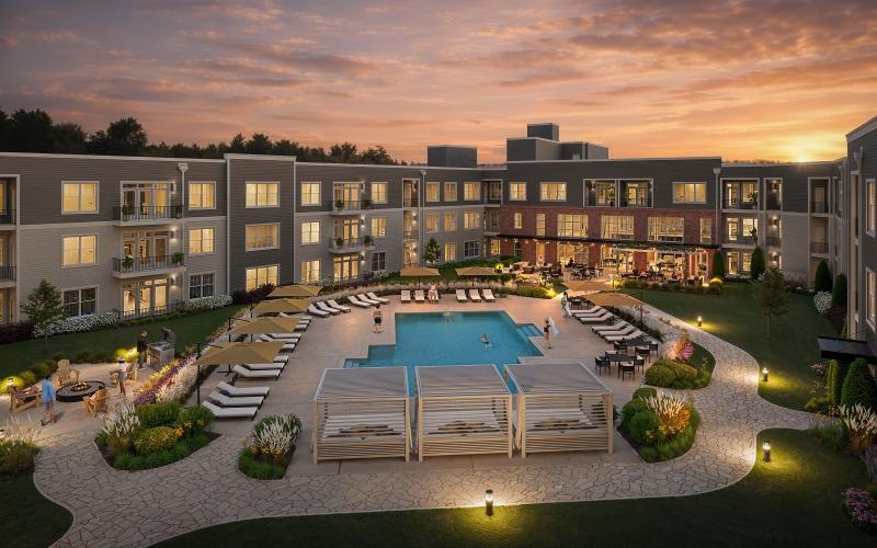 a pool in front of a building