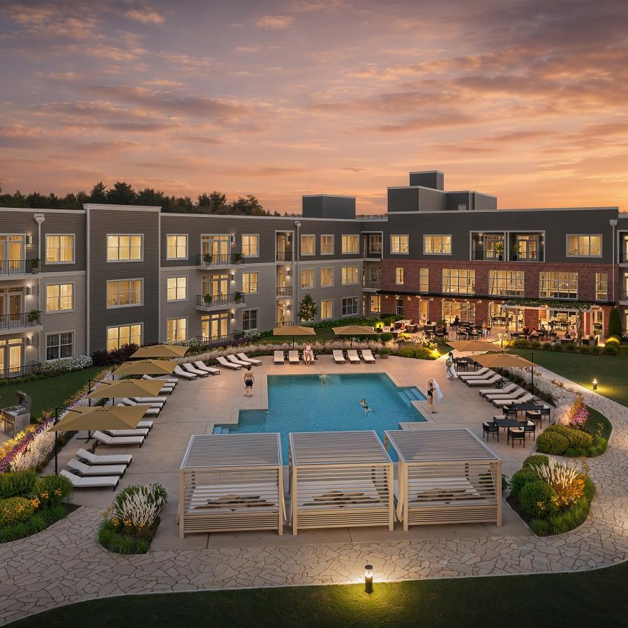 a pool in front of a building