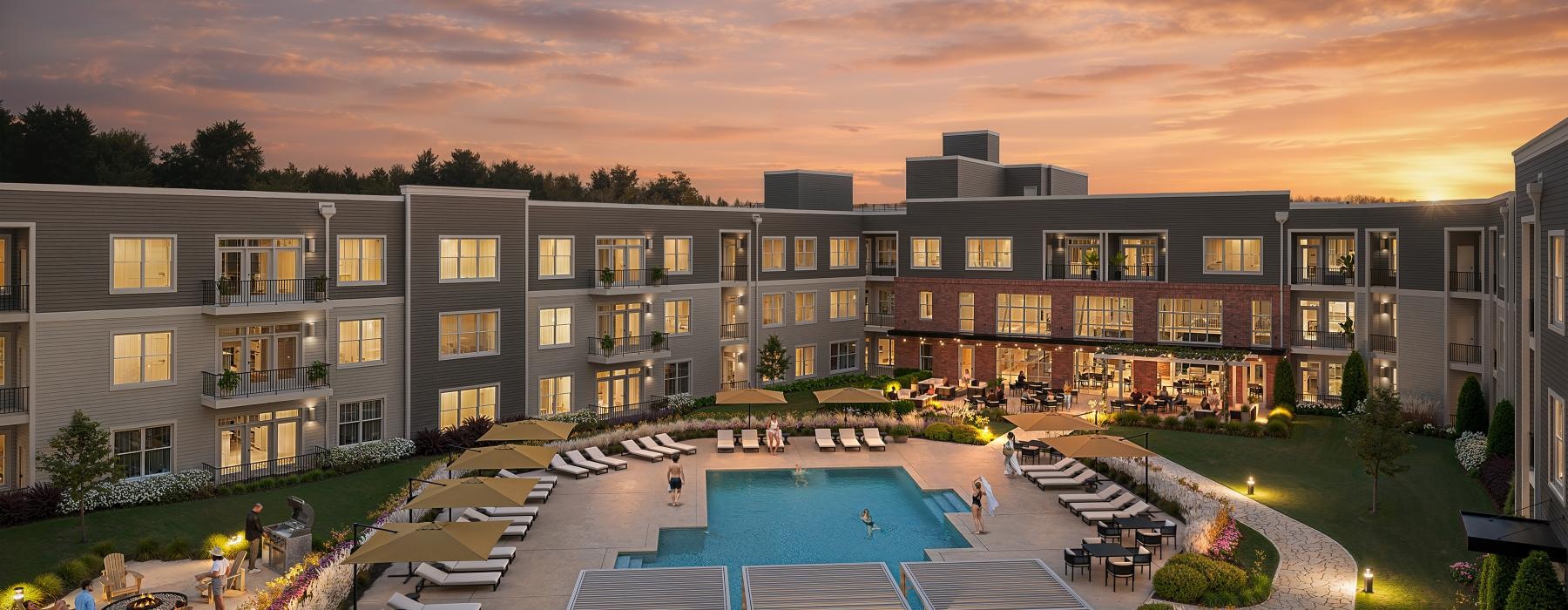 a pool in front of a building